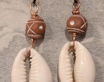 African Cowrie Shell Earrings, Terra Cotta Bead Dangles, Silver Accent Earrings, Afrocentric Boho Jewelry