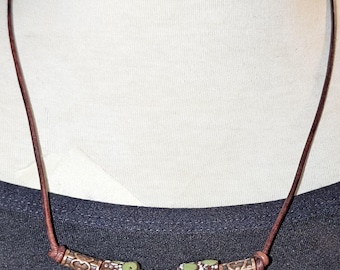 Green Recycled Glass and Leather Necklace,  Krobo Sandcast Beads, Copper Accents,  Copper "S" Clasp,  Tribal Inspired Boho Accessory