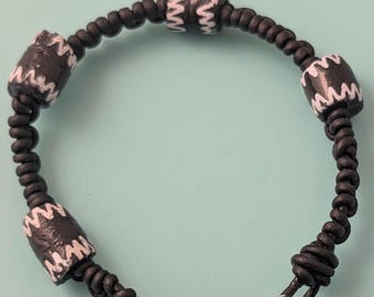 Handmade UNISEX Leather Macrame Bracelet | Ghana Recycled Glass Beads, Boho Fashion Accessory