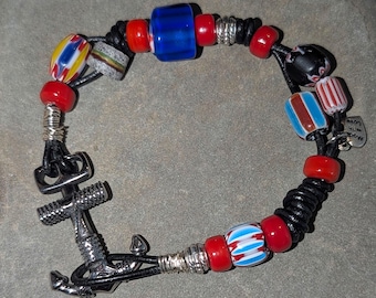 Venetian Glass Beaded Bracelet, Leather Macrame BohoAccessory, Minimalist Gift with Anchor and Loop Clasp