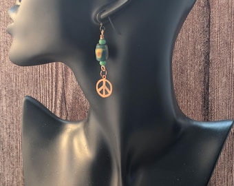 African Recycled Glass Krobo Bead Dangle Earrings| Peace Sign Charm Accessory| Boho Handmade Gift| Sustainable Powder Glass Bead Earrings