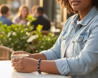 Handcrafted Blue Powder Glass Bracelet, Knotted on Leather Cord with Button Loop Closure, African Bead Accessory, Unisex Style