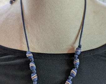 Blue Recycled Glass Adjustable Necklace, Ghana Glass Beads on Slip Knot Cord Closure