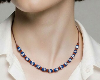 Ghana Recycled Glass Necklace, Krobo Glass Beads on Leather Cord, Blue African Bead Necklace, Unisex Artisan Jewelry