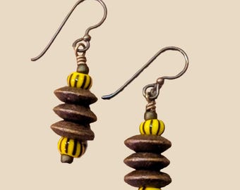 African Trade Bead and Wood Dangle Earrings| Minimalist Brown Yellow Boho Jewelry | Niobium Ear Wires
