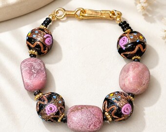 Handcrafted Rhodonite & Lampwork Glass Bracelet | Pink/Black Artisan Jewelry Accessory