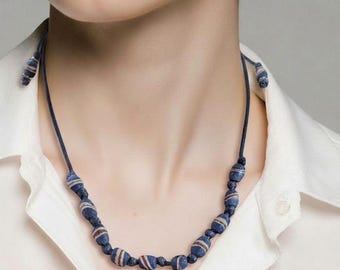 Blue Recycled Glass Adjustable Necklace, Ghana Glass Beads on Slip Knot Cord Closure