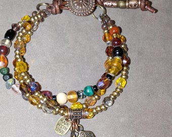 Boho Multi-Strand Beaded Bracelet| Layered Glass Artisan Bead Accessory| Spiritual/Inspirational Charms| Leather Loop & Button Closure