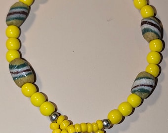 Handcrafted Recycled Glass Bracelet,  African Beaded Accessory, Yellow Trade Bead Motif, Boho Statement Jewelry