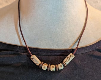 Handcrafted Carved Bone and Wood Necklace, Boho Unisex Style Accessory