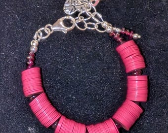 Handcrafted Pink Recycled Vinyl/Garnet Bracelet| Pink Ribbon and Heart Charms