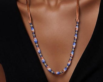 Recycled Glass Necklace, Blue African Krobo Beads, Faux Suede Cord, Long Boho Accessory, Ghana Beaded Jewelry