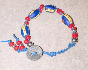 Recycled Glass Adjustable Button Bracelet | Blue Leather Cord Beaded Jewelry| Choose Red or Yellow Accents