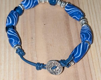 Ghana Blue Recycled Glass Bracelet | Handmade Leather Accessory| African Trade Bead Jewelry | Boho Unisex Bracelet |Adjusts from 7.25"–9"