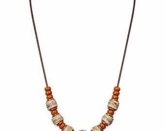 Recycled Glass Bead Necklace, Brown Leather Cord Necklace, Brown Czech Glass Beads,  Earthy Boho Style, Unisex Artisan Jewelry