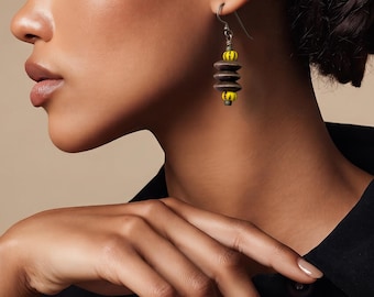 African Trade Bead and Wood Dangle Earrings| Minimalist Brown Yellow Boho Jewelry | Niobium Ear Wires