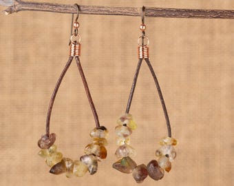 Leather Loop Earrings with Recycled Glass Beads | Copper Accent Boho Dangle Earrings