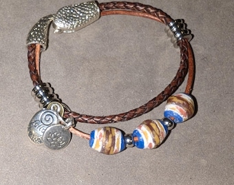 African Recycled Glass Bracelet, Brown Leather Bracelet, Striped Bead Bracelet, Silver Charm Jewelry, Boho Unisex Bracelet