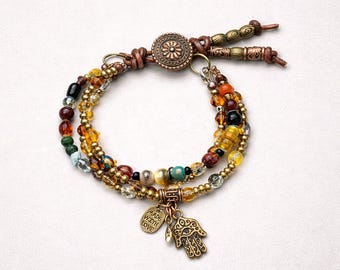 Three-Strand Boho Beaded Bracelet | Button Closure| Added Charms| Leather Cord and Glass Beads