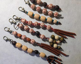 Wood Bead Keychain & Bag Charm, Handmade Artisan Key Fob, Boho Purse Charm, OOAK Backpack Accessory, Gift for Her