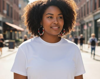 Freshwater Pearl Hoop Earrings, Red Recycled Glass, Bali Silver