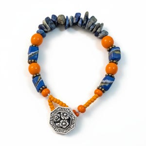 Handcrafted Lapis and Recycled Glass Bracelet, Unisex Boho Gemstone Accessory, Loop & Button Closure