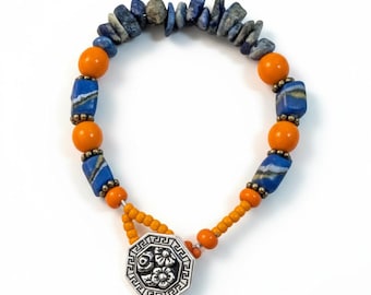 Handcrafted Lapis and Recycled Glass Bracelet, Unisex Accessory Piece, Button Closure