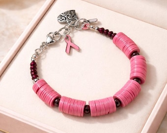 Handmade Pink Recycled Vinyl Phono Bead| Garnet Bead Accents| Pink Ribbon and Heart Charms