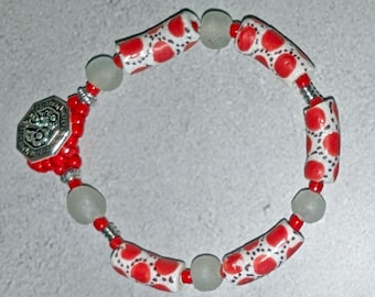 African Krobo Recycled Glass Bracelet, Unisex Gift, Red and White Accessory