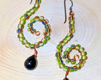 Ghana Glass Dangle Earrings, Recycled Glass and Trade Bead Jewelry; Fulani Wedding Bead Accents, Afrocentric Gift for Her