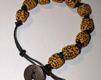 Leather Macrame Bracelet, Yellow and Black Ghana Glass Beads, Button Closure, Afrocentric Unisex Design