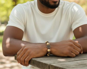 Tan and Brown Wood Bead Bracelet, Boho Macrame Leather Accessory, Adjustable Loop & Button Clasp, Unisex Design