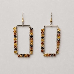 Amber Czech Glass Geometric Dangles, Wire-Wrapped Rectangle Earrings,  Handmade Statement Gift for Her