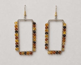 Amber Czech Glass Geometric Dangles, Wire-Wrapped Rectangle Earrings,  Handmade Statement Gift for Her
