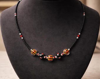 Boho Czech Glass Necklace| Red Black Yellow Lampwork Statement Jewelry| Unique Handmade Artisan  Gift for Her