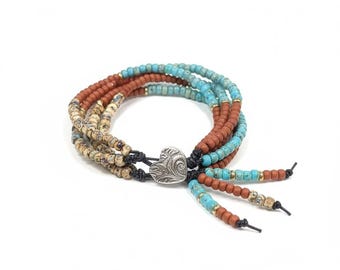 4-Strand Boho Seed Bead Bracelet | Leather Cord and Button Closure| Warm Earth Tones