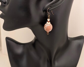 African Terracotta Bead Dangle Earrings, White Patterned Focal Bead, Artisan Boho Jewelry, Afrocentric Style, Handmade Gift for Her
