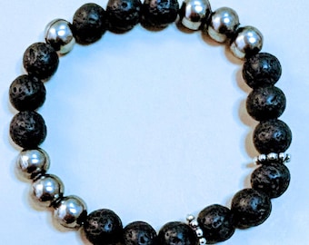 Handmade Lava Aromatherapy Bracelet, Beaded Glass Accents, 7-7.5 Inch