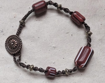 Unisex Macrame Bracelet, Minimalist Maroon Accessory, Button Closure, Boho Style