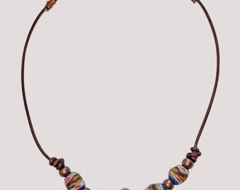 Recycled Glass Beaded Necklace, Leather Cord, Adjustable Boho Jewelry