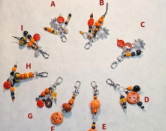 Handmade Beaded Recycled Glass, Ceramic Key Chains| Halloween Bag & Purse Charms| Orange and Black Skull and Pumpkin Dangles
