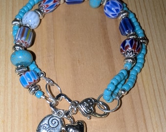 Handmade Venetian Glass Bracelet, Czech Seed Bead Bracelet, Blue Boho Charm Bracelet, Sterling Silver Clasp, OOAK Artisan Jewelry Gift