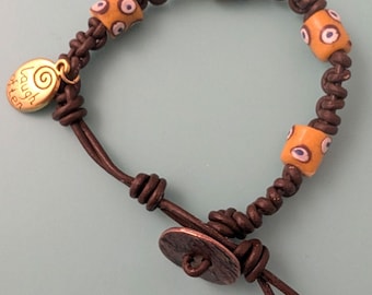 Krobo Recycled Glass Beaded Bracelet, Boho Leather Macrame