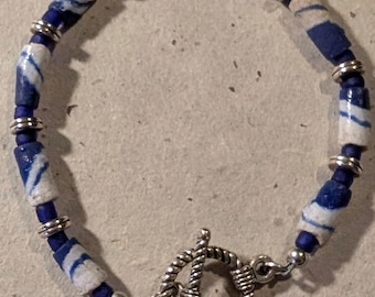 Blue Krobo Recycled Glass Bracelet, Silver Toggle Clasp, African Handmade Tribal Beads, Boho Minimalist Accessory
