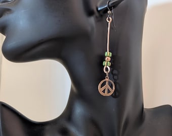 Wire Formed Peace Sign Earrings, Green & Yellow Trade Beads, Copper Dangle Earrings, Boho Afrocentric Jewelry, Handmade Gift