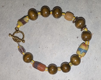 African Trade Bead and Wood Bracelet, Ghana Recycled Glass, Toggle Clasp, Unisex Accessory