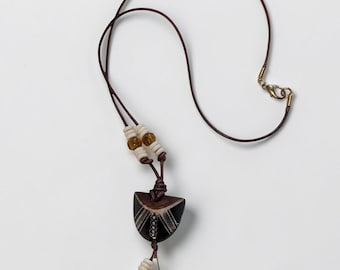 Handmade African Soapstone Pendant Necklace| Boho Leather Cord and Fringe| One of a Kind Gift
