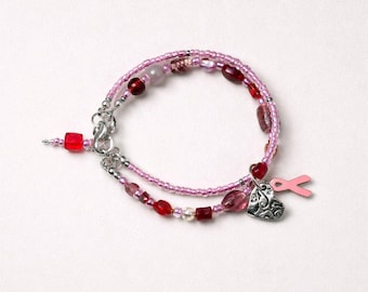 Pink & Red Beaded Breast Cancer Awareness Bracelet| Glass and Gemstone Bracelet|Heart and Pink Ribbon Charms|Adjustable Fit