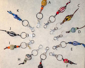 Beaded African and Venetian Glass Key Fob|Leather Bag Charm| Upcycled Key Ring