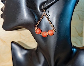 African Sandcast Recycled Glass Dangle Earrings, Sterling Silver, Boho